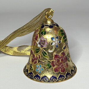 Gold-Tone Cloisonne Bell Pink & Blue Flowers Enamel